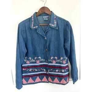 Vintage 90s Denim Shirt Embroidered Flowers Gingham Patchwork Cottage Garden